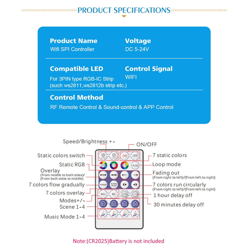 DC5V-24V WS2812B WiFi Voice Music SPI Led Controller for 3PIN WS2811, WS2812 RGB IC LED Light Strip